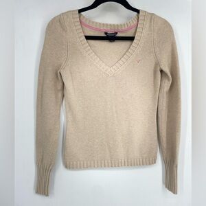 Vintage Y2K American Eagle Small Knit Cotton Wool Cream V Neck Sweater Logo Nerd